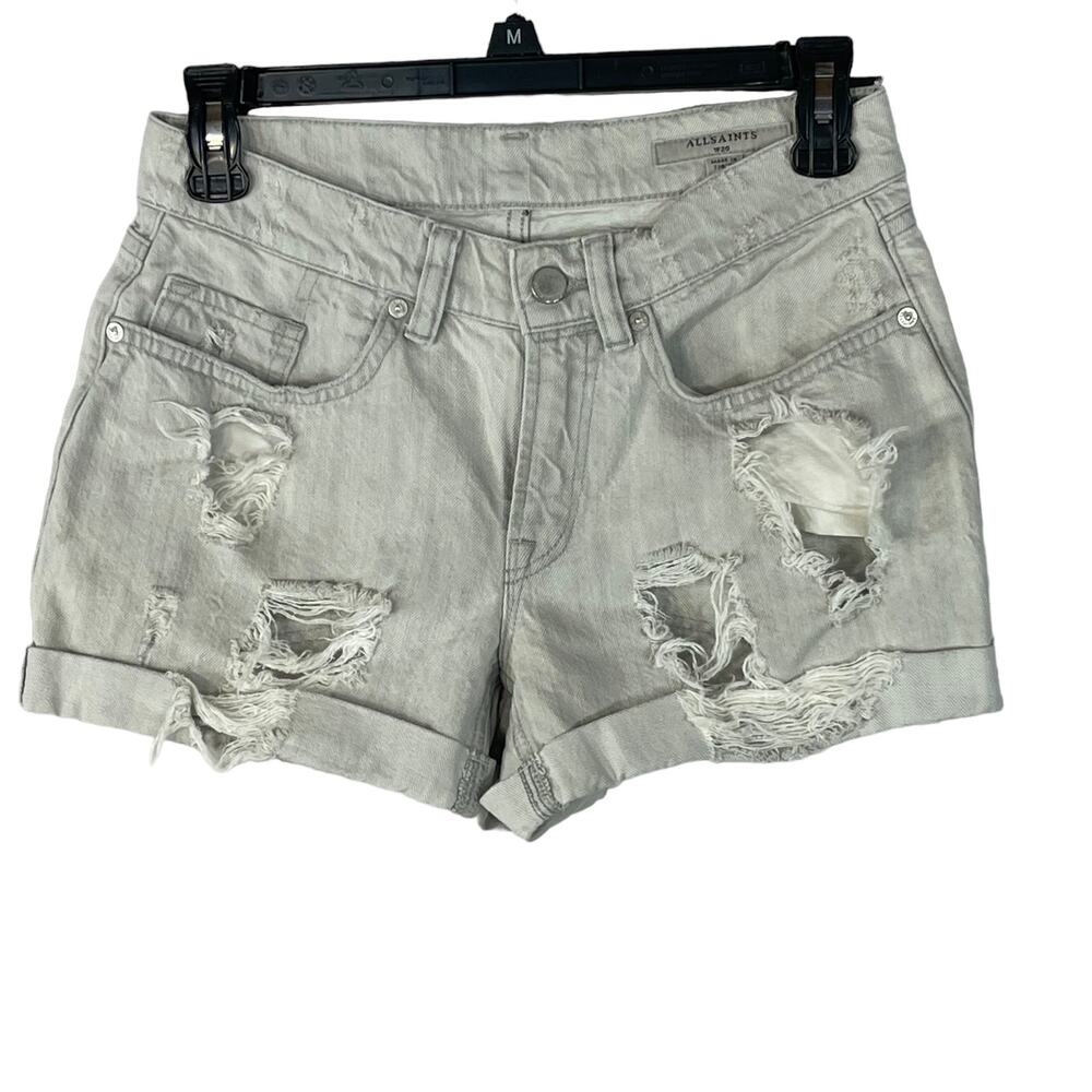 AllSaints SZ W26 Pam Jean Shorts Distressed Cuffed Low-Rise Zip-Fly Pockets Gray